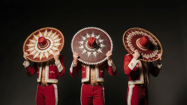 Three men in mariachi outfits holding sombreros in front of their faces