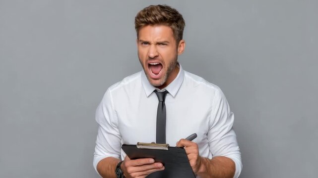 Man in white shirt and tie holding clipboard with a puzzled expression