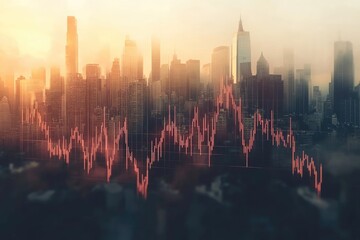 A financial chart overlayed on a skyline with dense fog and bright light during the sunrise, demonstrating economic trend.