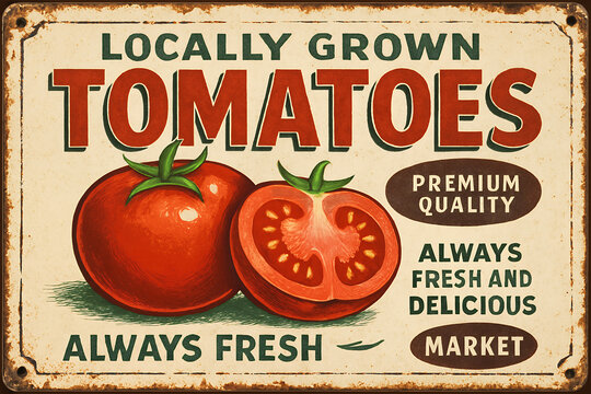 Illustrated tomatoes on retro-style market sign, rustic background. Promotes fresh, locally grown premium produce. Vintage tin sign, emblem badge patch with retro design and distressed look