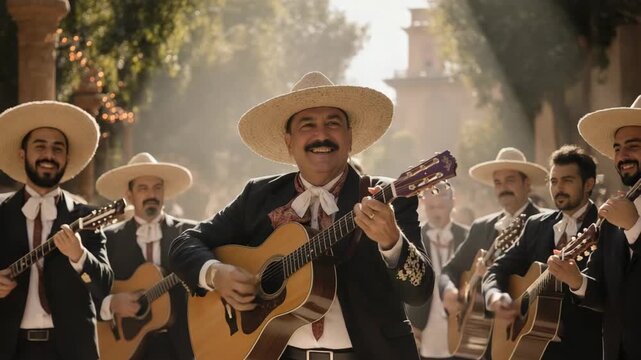 Smiling mariachi musician plays guitar with ensemble outdoors in warm light