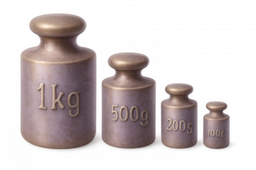 Metallic calibration weights displaying precision measurement, varying masses arranged systematically against transparent backdrop
