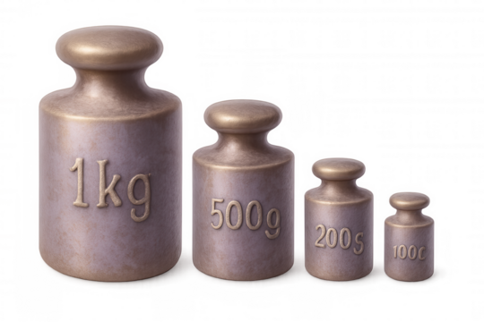 Metallic calibration weights displaying precision measurement, varying masses arranged systematically against transparent backdrop
