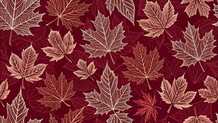 Seamless pattern of stylized autumn maple leaves in shades of red and gold on a dark burgundy background