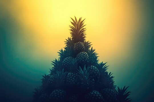 A pyramidal stack of pineapples, backlit with a hazy yellow and green gradient, creating a tropical fruit sculpture.