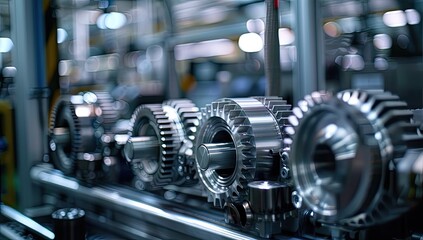 Fototapeta premium Close-up of a row of precisely engineered metallic gears, mounted on a sleek silver shaft, within a blurred industrial factory setting, showcasing intricate details and reflecting ambient light