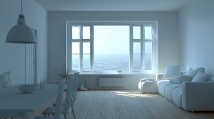 Seaside interior design with a view of the ocean.