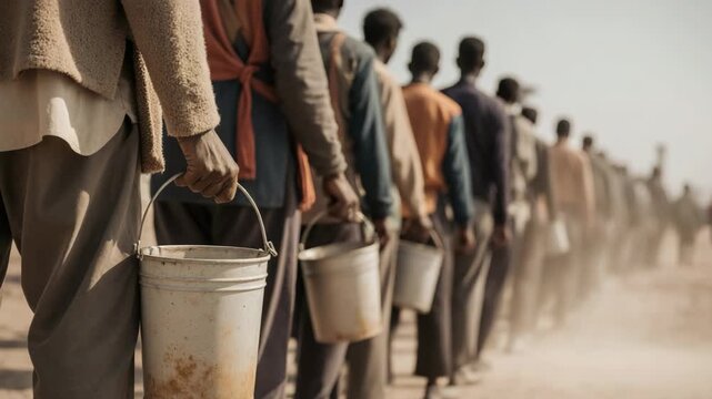 Long line of people holding buckets in arid landscape under bright sky