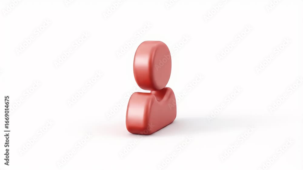 Poster 3d animated red user icon: smooth rotation on white background