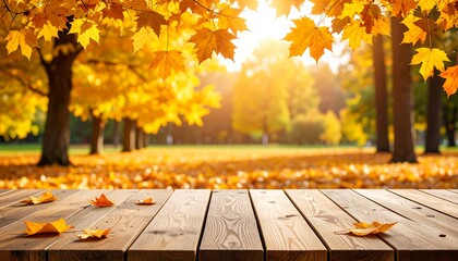 Autumn park with wooden table, and sunlight.