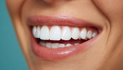 Obraz premium Close-up of a person's bright, healthy smile against a teal backdrop, showcasing even, white teeth and full, pink lips