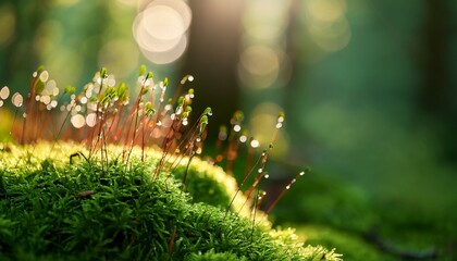 close up of dew on moss in a rainy forest scene subject positioned on the right sparkling under backlit clear copy space on the left