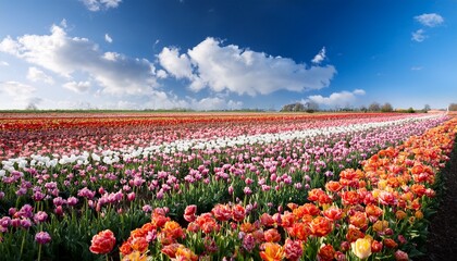 vibrant field of multicolored tulips with red orange pink and white petals under a bright blue sky with soft clouds evoking a fresh and cheerful spring atmosphere