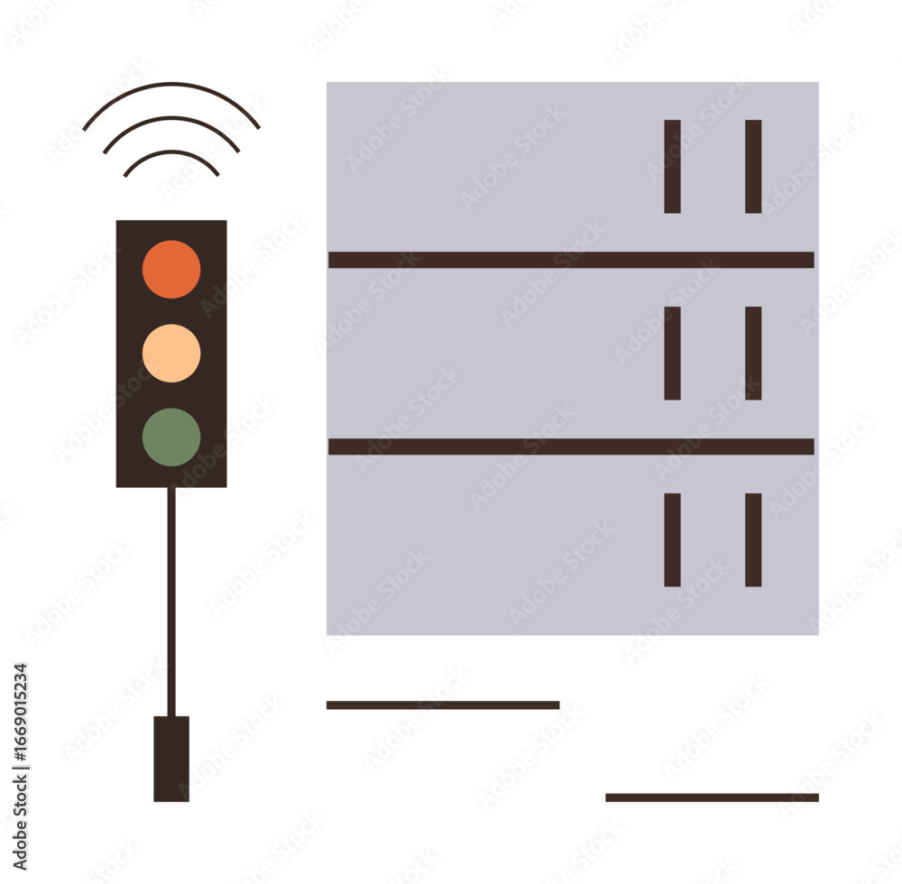 Poster traffic signal emitting wireless waves beside a server stack, representing technology integration fo
