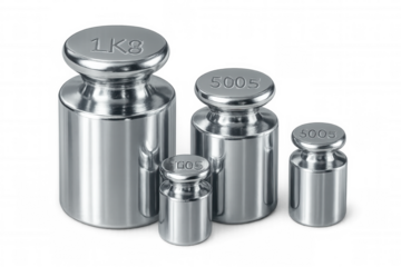 Chrome calibration weights showing different mass values isolated on transparent background, ready for e-commerce or web design