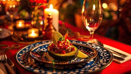 A vibrant close-up captures a meticulously plated avocado dish, garnished with pomegranate seeds and a lime wedge.  The setting is warm and inviting, with candlelight illuminating a