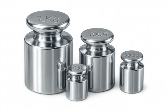 Chrome calibration weights showing different mass values isolated on transparent background, ready for e-commerce or web design