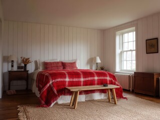 A cozy bedroom boasts a striking red and white plaid blanket, complementing the warm wood tones and simple white walls.