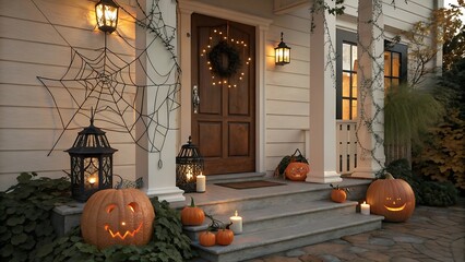 Festive halloween decorations adorn a welcoming front porch with jack o lanterns and autumnal ambiance