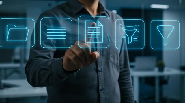 A male business professional uses an innovative virtual digital interface for efficient data management and document organization in a modern office environment.