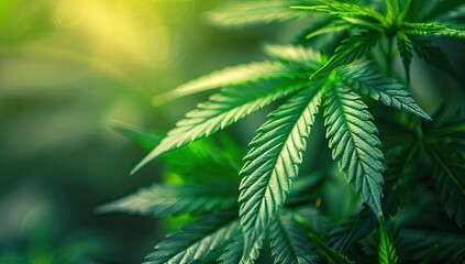 Fototapeta premium Lush, vibrant green cannabis leaves bathed in soft sunlight, creating a serene and natural backdrop. The focus is on the detailed textures and rich coloration of the foliage