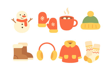 Winter Cozy Icons. Flat vector mini-illustrations winter snuggle in colors children's illustrations: snowman with scarf, mittens,