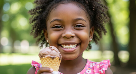 Naklejka premium Happy Little Girl Enjoying Delicious Ice Cream Cone Outdoors