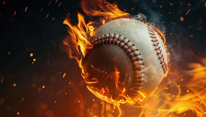 A baseball engulfed in vibrant flames, embers and smoke billowing around it against a dark backdrop. The intense fire highlights the ball's texture and stitching