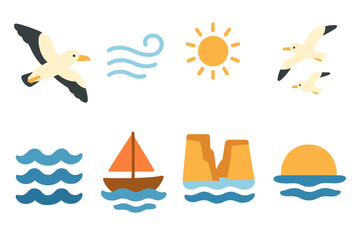 Albatross Soaring Adventure. Flat vector mini-illustrations albatross flight in colors children's illustrations: soaring albatross