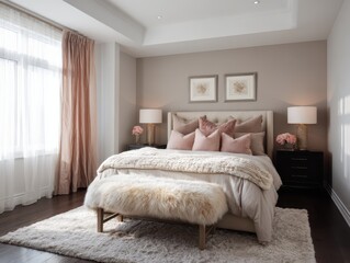A serene bedroom features a calming color palette of blush pink, beige, and taupe, accented by warm lighting and decorative elements.
