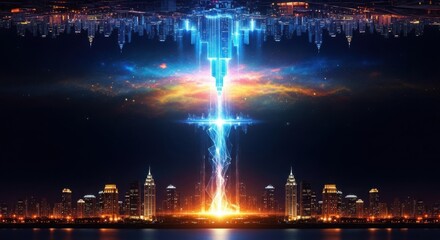 A futuristic cityscape glows with vibrant energy, a powerful beam connecting the earth to the cosmos