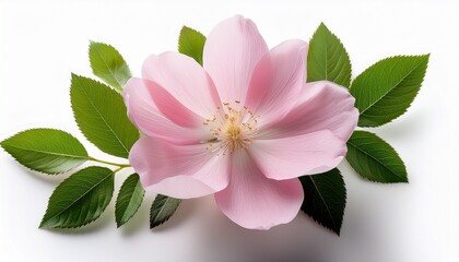 Obraz premium a beautiful pink flower with delicate petals and green leaves isolated on a white background perfect for floral arrangements or decorative purposes