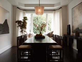 A spacious, sun-drenched dining room boasts a long dark wooden table, elegant white drapes, and artwork of muted tones, setting a serene and sophisticated ambiance.