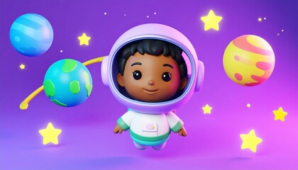 Naklejka premium A 3D cartoon astronaut child floating in space with a shiny round helmet, surrounded 