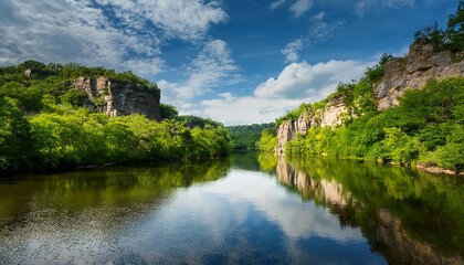 Obraz premium calm river surrounded by lush greenery with rocky cliffs reflecting in the water under a cloudy sky