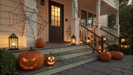 Spooky halloween decorations adorn a welcoming front porch with jack o lanterns and lanterns at dusk