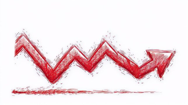 Graphic animation of Graph showing fluctuated downward trend, downward red arrow chart. 4k animation