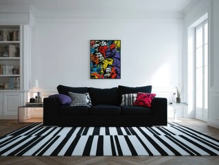 A stylish living room boasts a vibrant abstract painting above a black sectional sofa with patterned cushions, set against a backdrop of white walls and a striking black and white striped rug.
