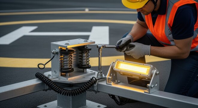 Technical inspection of helipad perimeter light mounts featuring vibrationabsorbing components to maintain steady illumination during helicopter approaches.