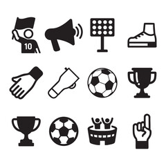 Collection of football soccer icons featuring fans megaphones trophies soccer balls stadiums and goalie gloves