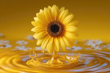 A bright sunflower stands at the center of a lively splash of sunflower oil, creating a vibrant display of yellow hues. The scene captures a perfect blend of nature and oil, radiating freshness
