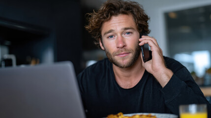 A young man sits at a table with a laptop, engaged on a phone call. His relaxed demeanor captures a modern, casual work-life blend amid daily routines and connections.