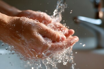 Fototapeta premium Hand washing with soap and water for hygiene and healthcare concept to prevent germs and infections. Hand hygiene. Antibacterial soap. 