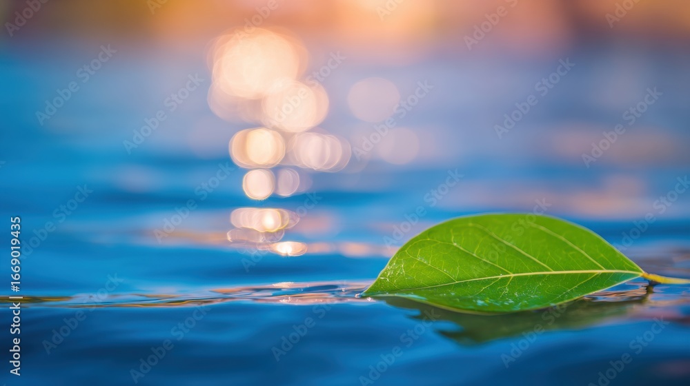 Poster leaf floating on serene water reflecting soft sunlight in tranquil setting