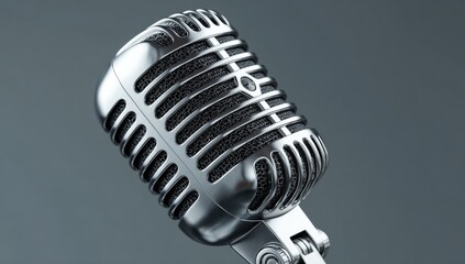 Close-up view of a vintage-style silver microphone, angled slightly, showcasing its metallic sheen and textured grill. The background is a muted gray