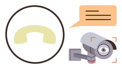 Security camera with lens focus, a call receiver icon within a circle, and a speech bubble. Ideal for security, monitoring, communication, technology, connectivity privacy and alerts. Simple flat