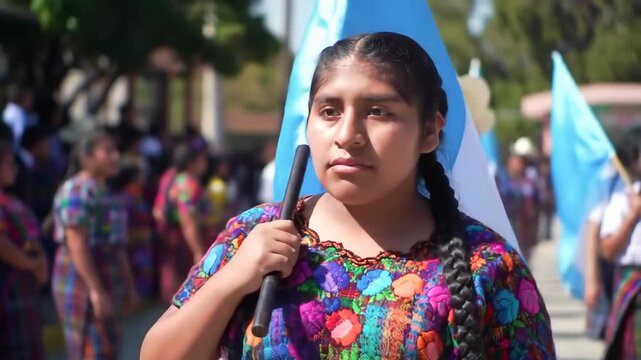 young girl proudly holds guatemalan flag during parade, wearing traditional attire. pride and national identity. education, cultural presentation, heritage event, guatemala independence day