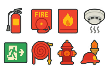 Children's Fire Safety Icons. Flat vector mini-illustrations fire safety in colors children's illustrations: fire extinguisher,