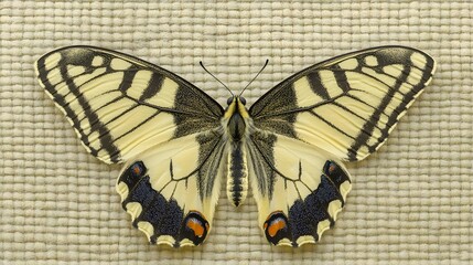 Detailed Closeup of Old World Swallowtail Butterfly on Beige Textile