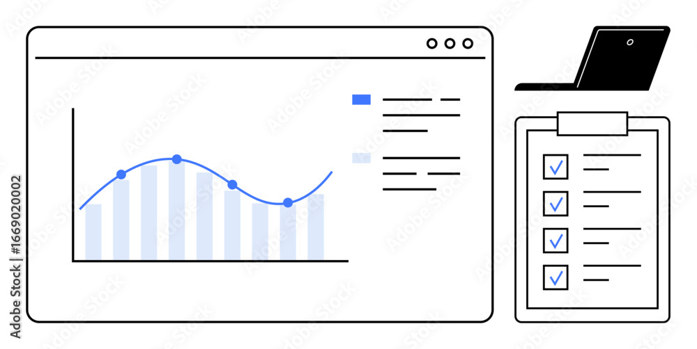 Poster interactive chart with data points and bars, checklist with completed tasks, and a laptop. ideal for